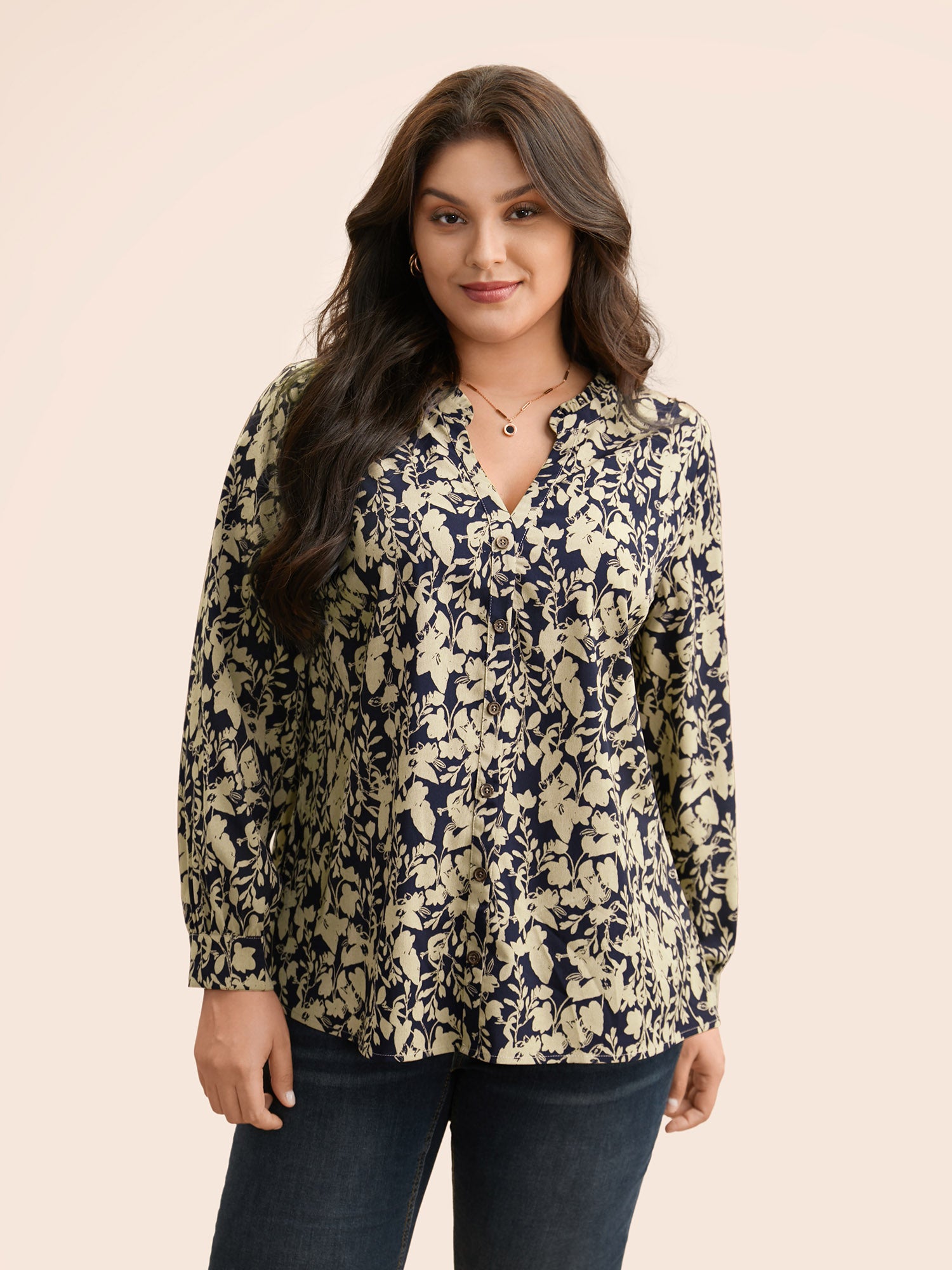 Silhouette Floral Print Notched Frill Trim Blouse