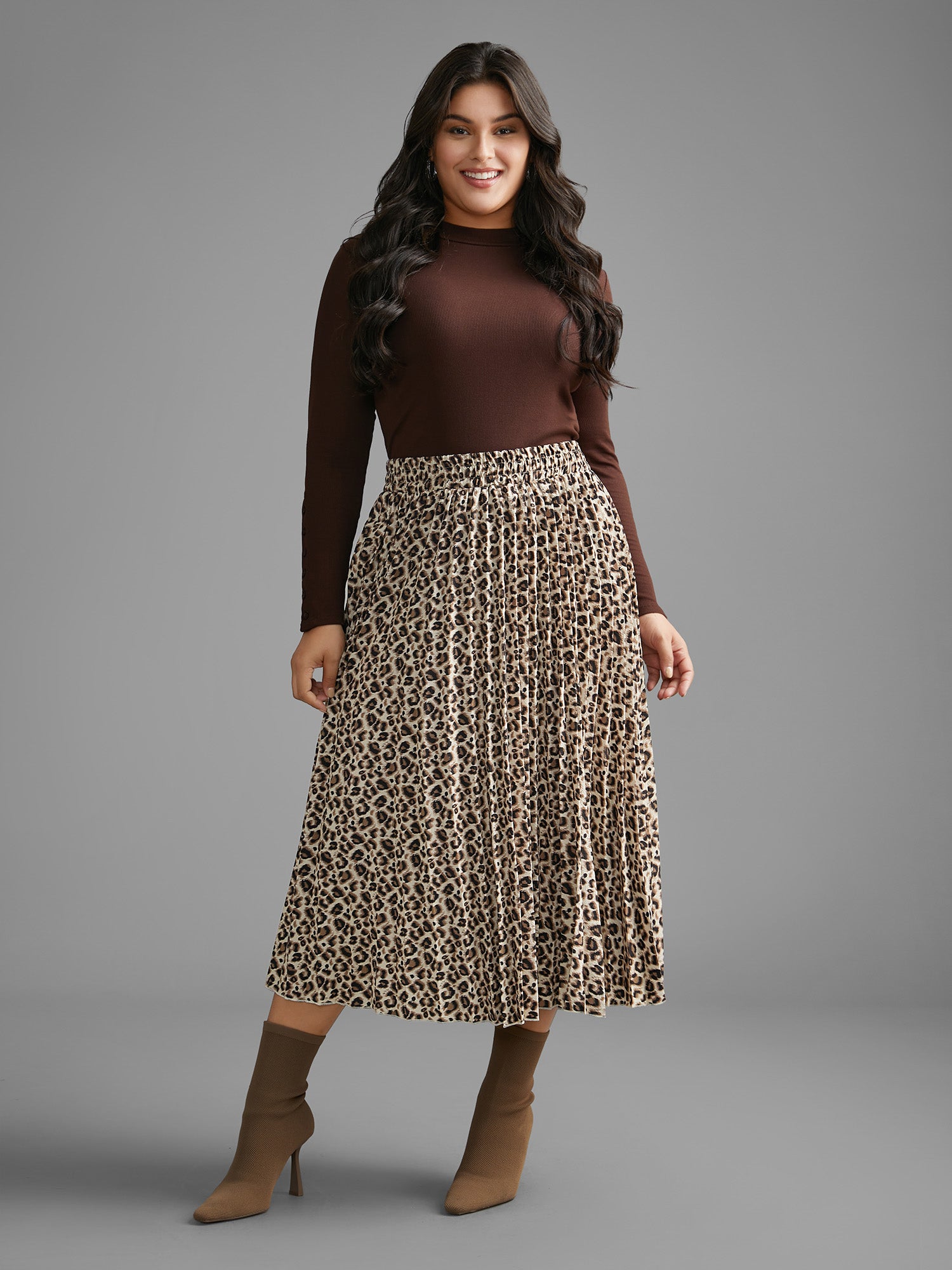 Leopard Print Pleated Elastic Waist Skirt