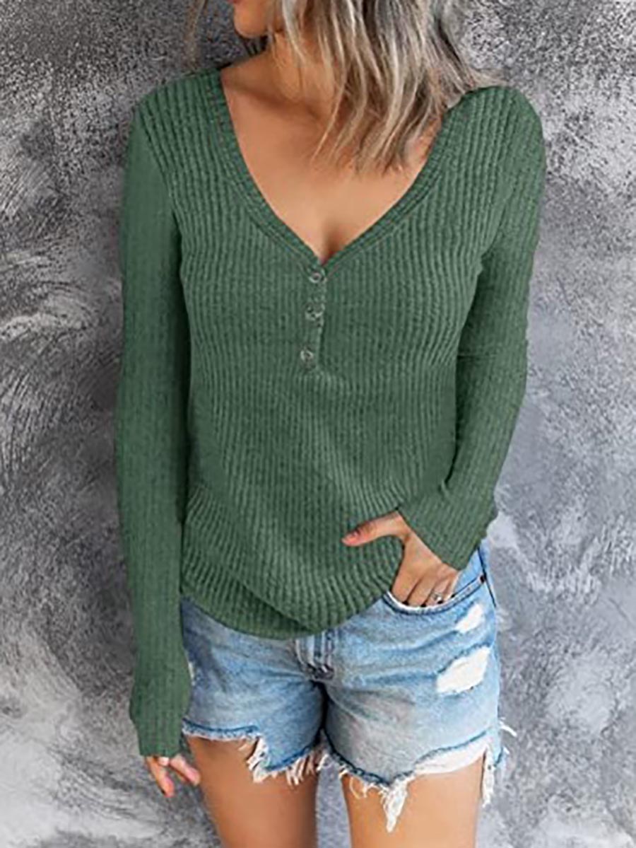 Solid Color V-Neck Long-Sleeved T-Shirt