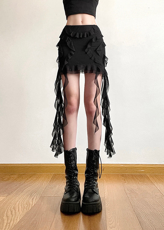 Slim Fit Black Ruffled Patchwork Tulle Short Skirts Summer
