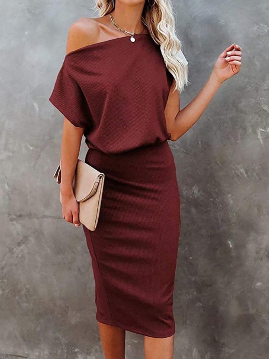 Cold Shoulder Plain Half Sleeve Pencil Dress(8 Colors