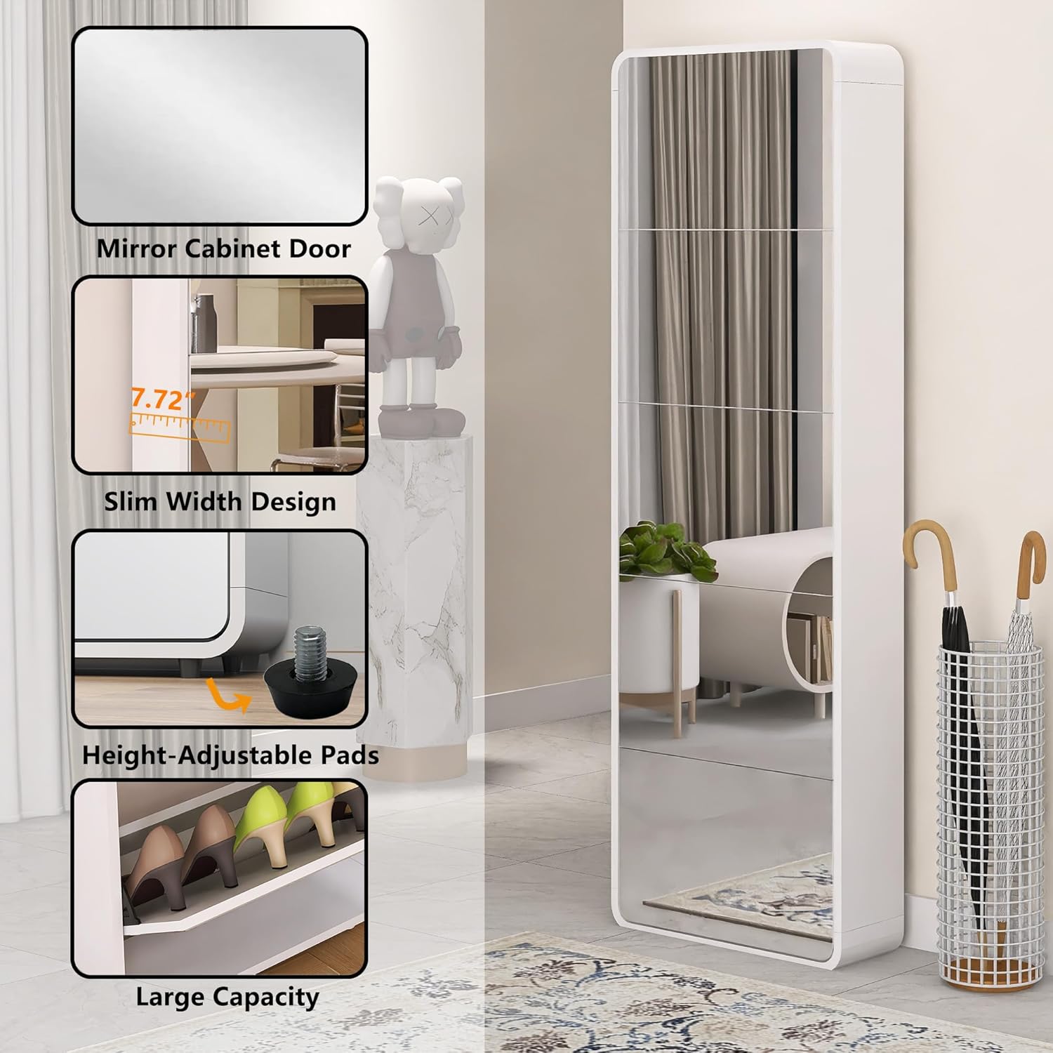 Entrance Shoe Locker, 5 Tier Full Length Mirror Shoe Organizer Wooden Narrow Shoe Cabinet, White Shoe Rack for Front Door Entrance Outdoor