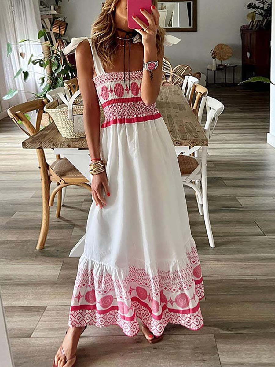 Printed Smocked Shoulder Tie Maxi Dress