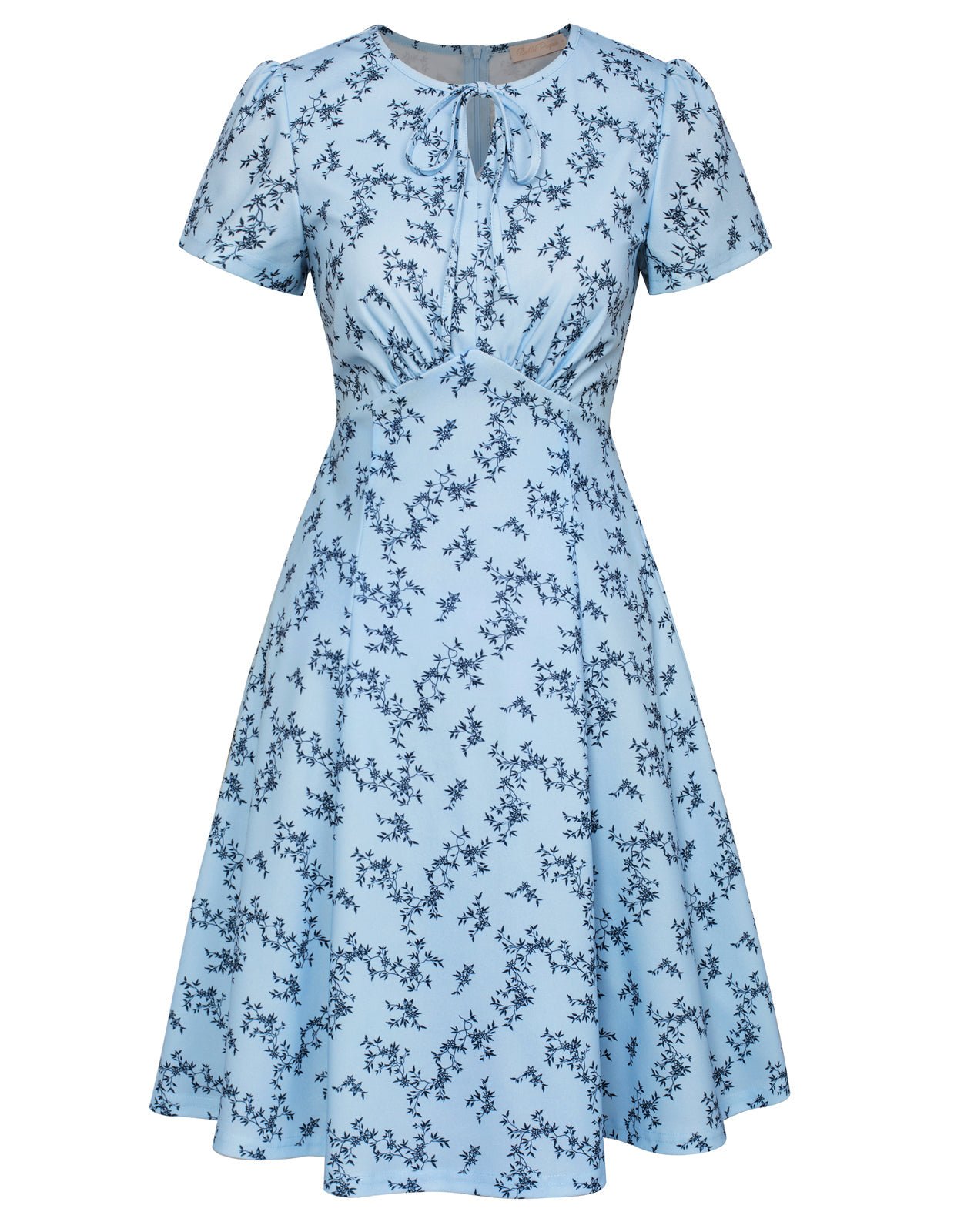 Vintage Daisy Pattern A-Line Swing Dress Keyhole Tie Dress Round Neck Work Dress Tea Dress