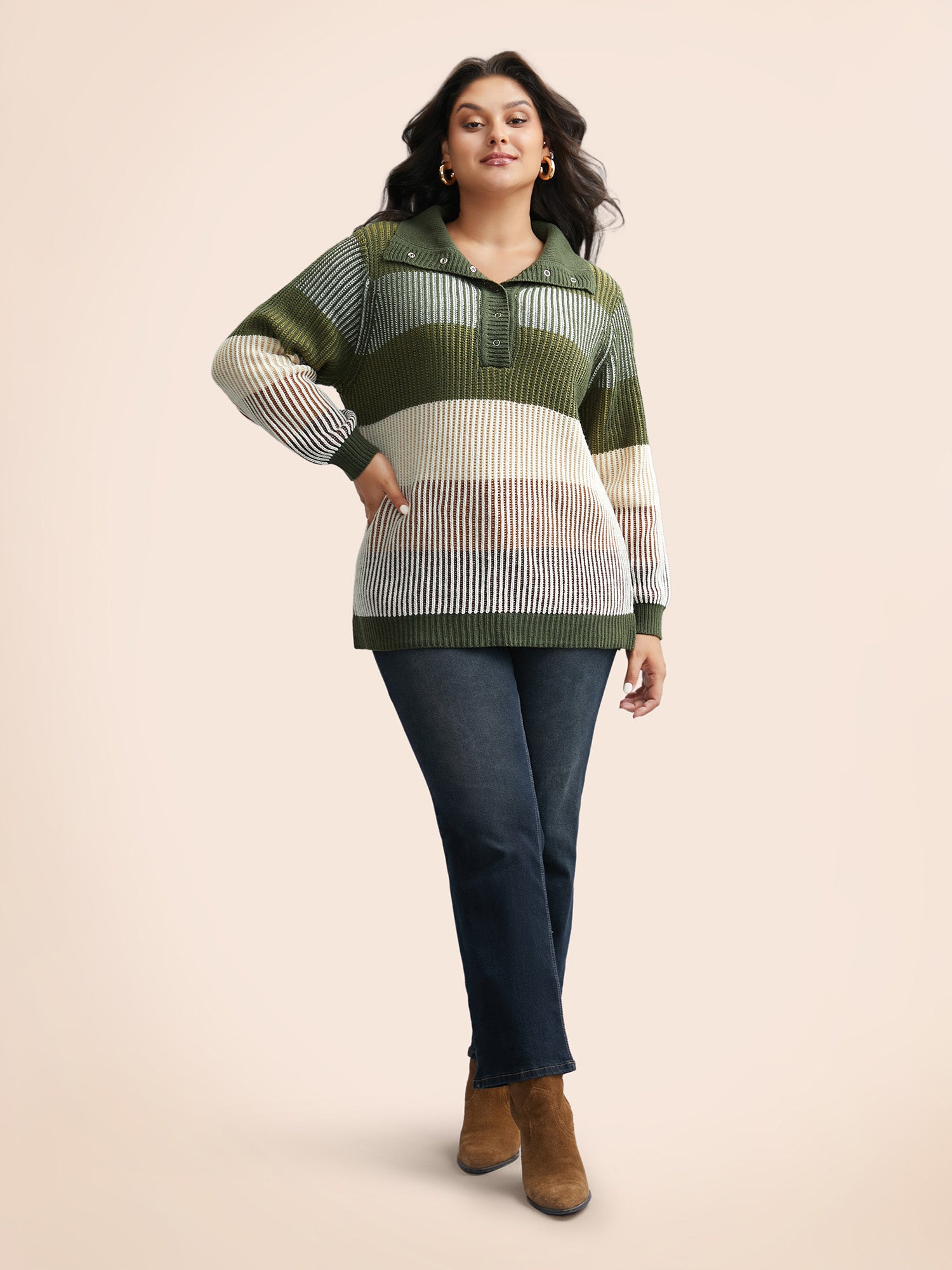 Polo Neck Texture Contrast Button Up Pullover