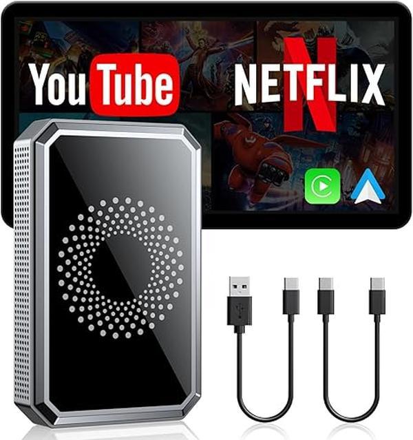  Wired to Wireless Carplay Adapter with Built-in Netflix/YouTube/TikTok APP to Play Video on a Car Screen (DO Not Support Vehicles with Built-in Wireless CarPlay), For iPhone 8-15 & Android 11+