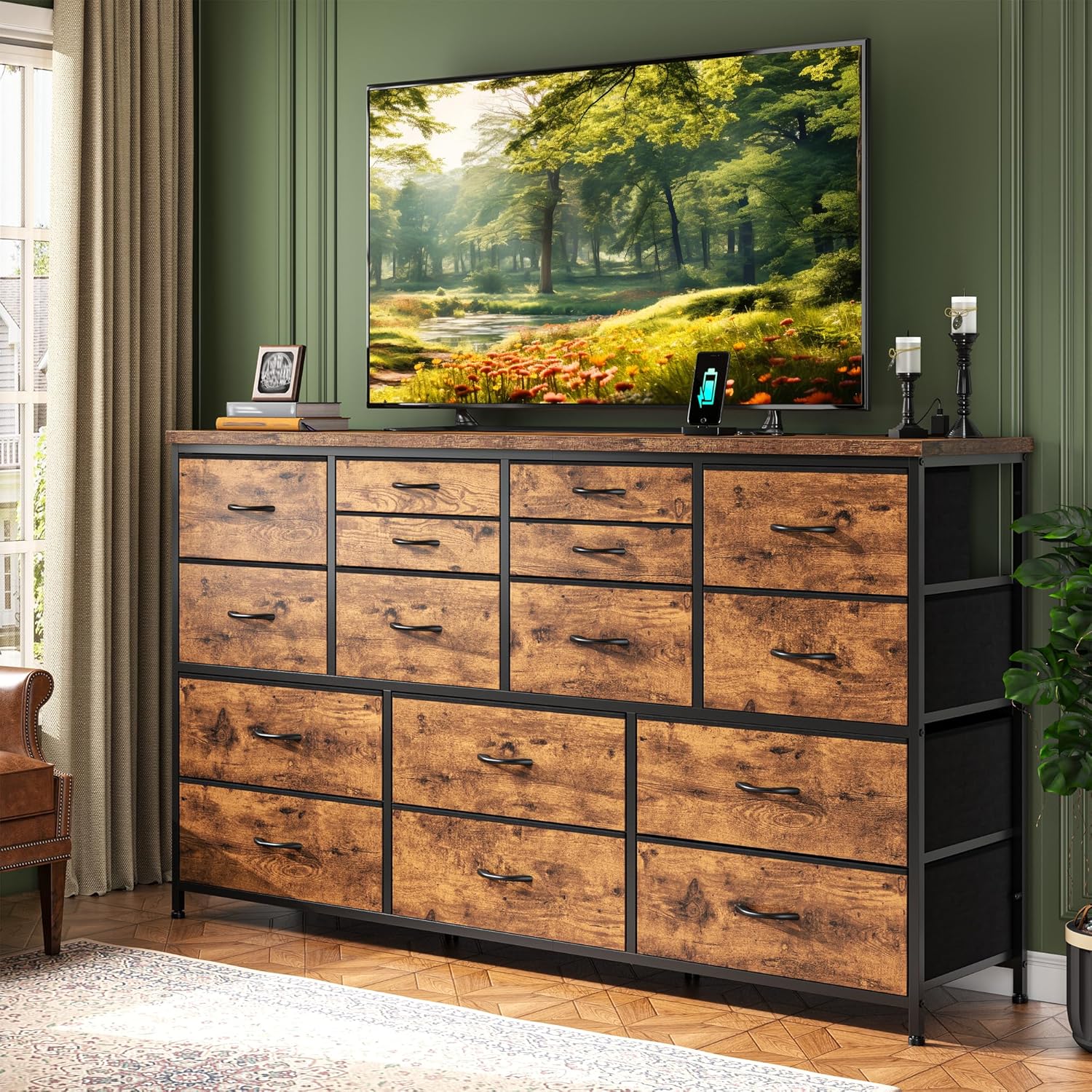 Dresser for Bedroom with 16 Fabric Drawers Long Dresser with Charging Station TV Stand for 60