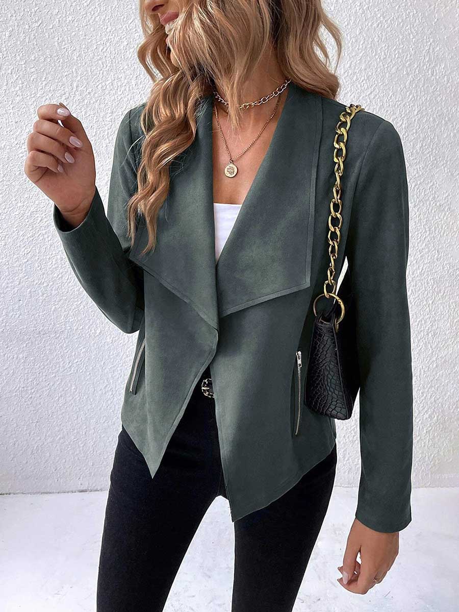 Leather Velvet Lapel Long Sleeve Zipper Jacket