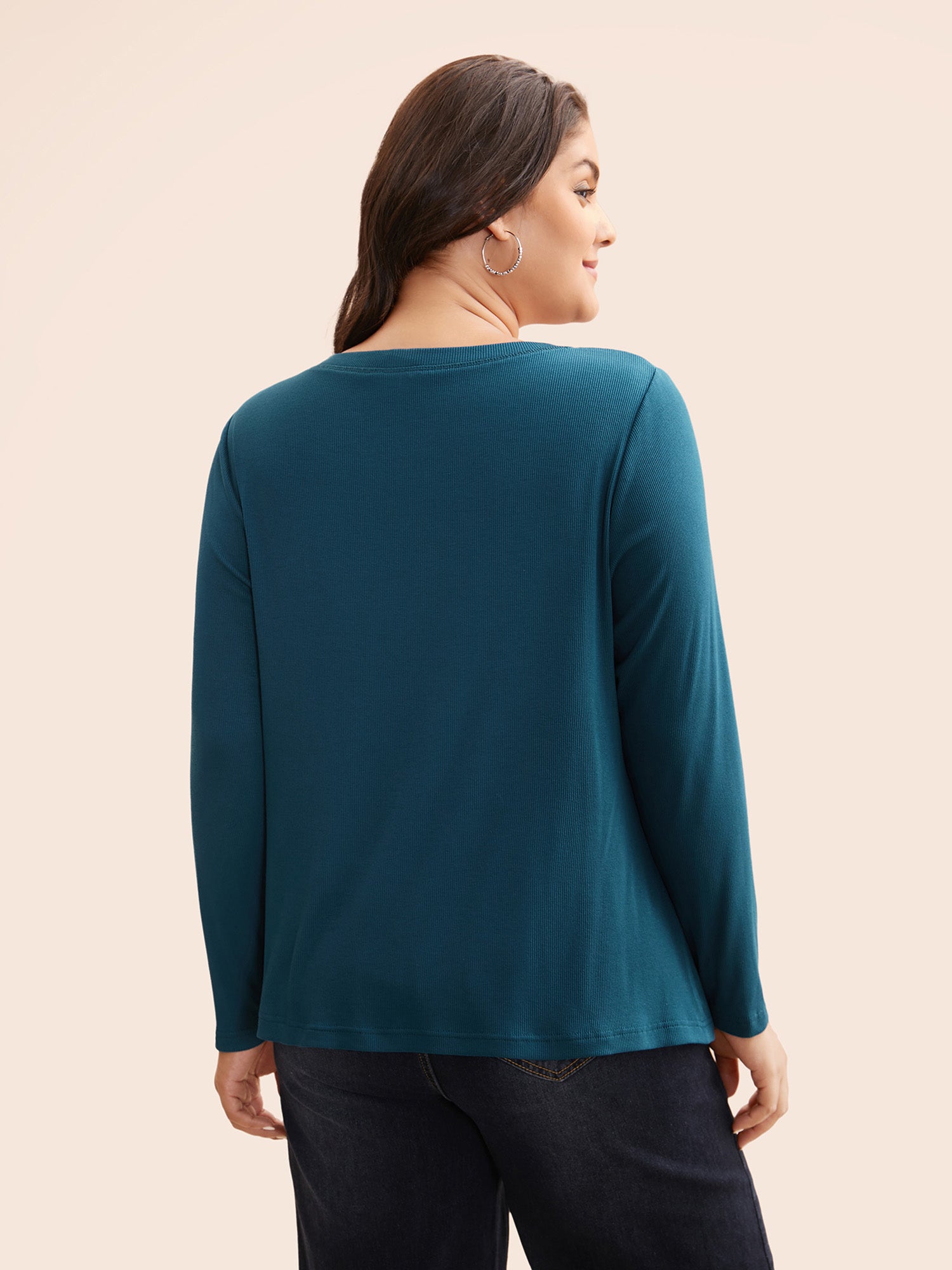 Solid Notched Collar Rib Knit T-shirt