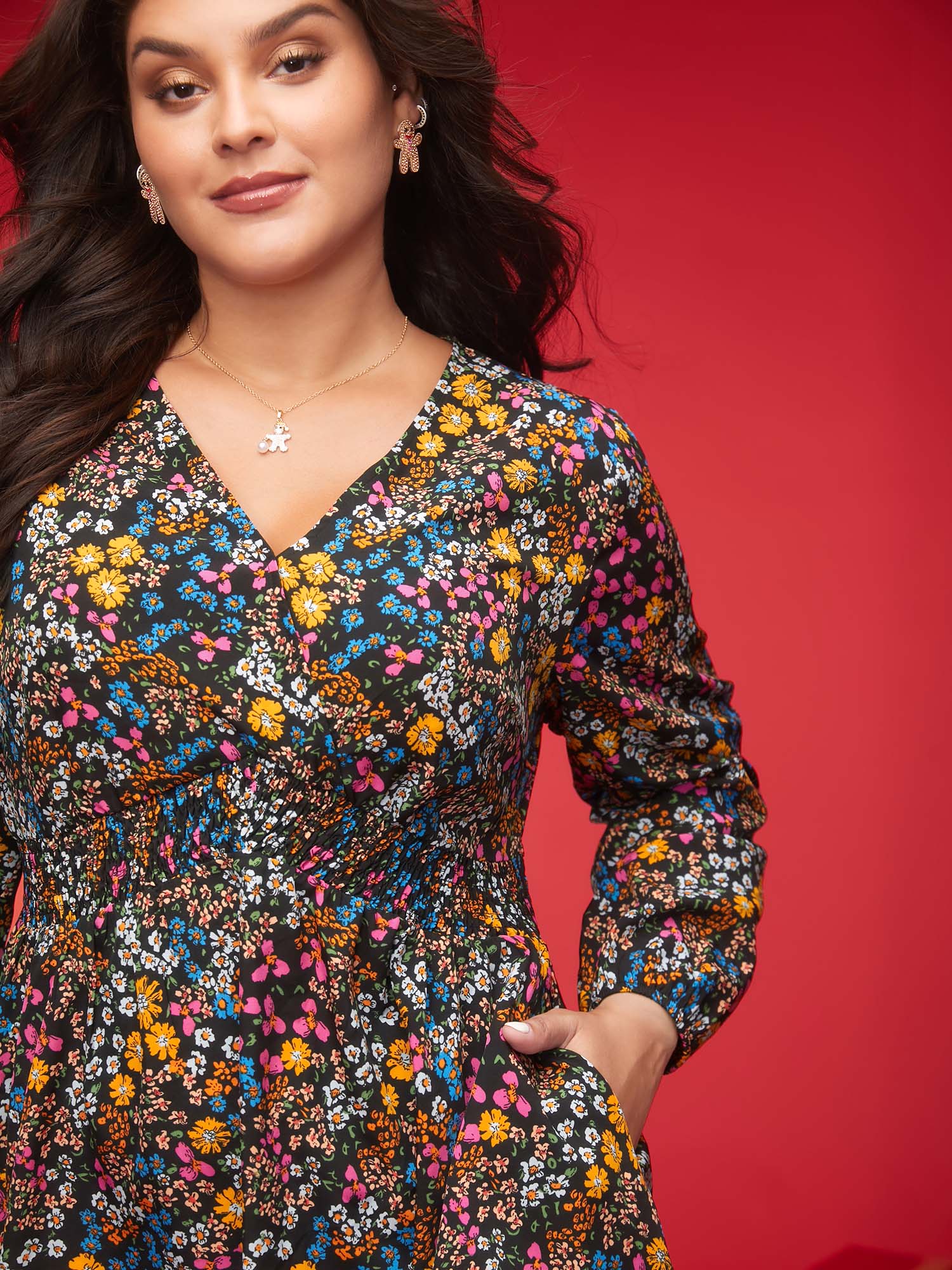 Floral Smocked Waistline Surplice Neck Blouse