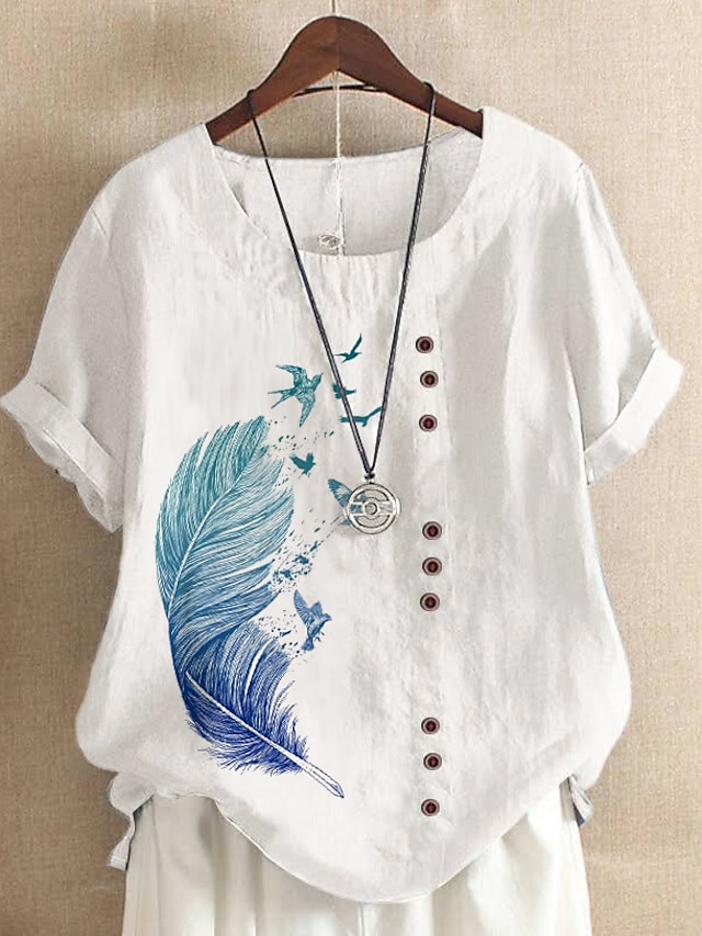 Women's Shirt Linen Shirt Blouse White Blue Feather Button Print Short Sleeve Casual Basic Round Neck Regular S