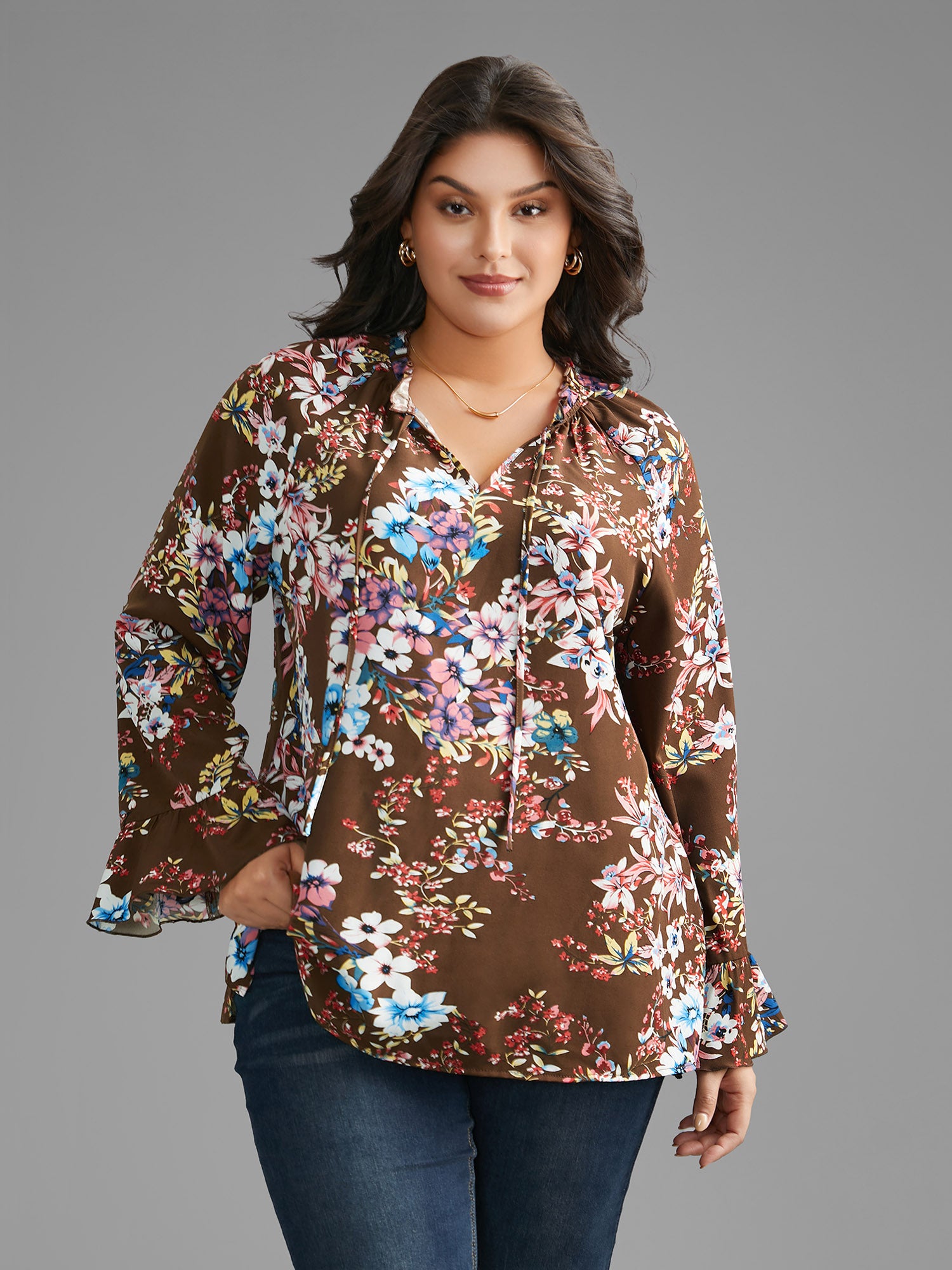 Floral Tie Knot Flutter Sleeve Blouse