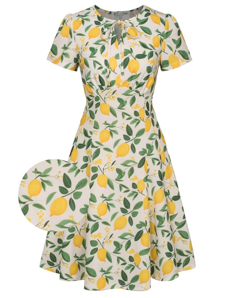 Vintage Lemon Patterns A-Line Swing Dress Keyhole Tie Dress Round Neck Work Dress Tea Dress