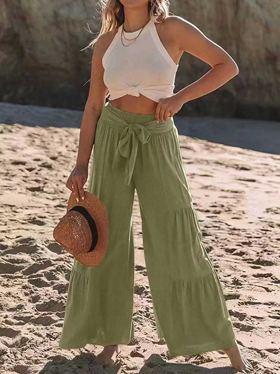 Strappy high-waisted pleated wide-leg pants