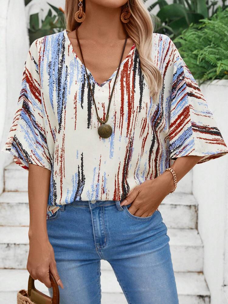 Women's Tie-Dye V-Neck Batwing Sleeve Loose Casual Shirt. Summer