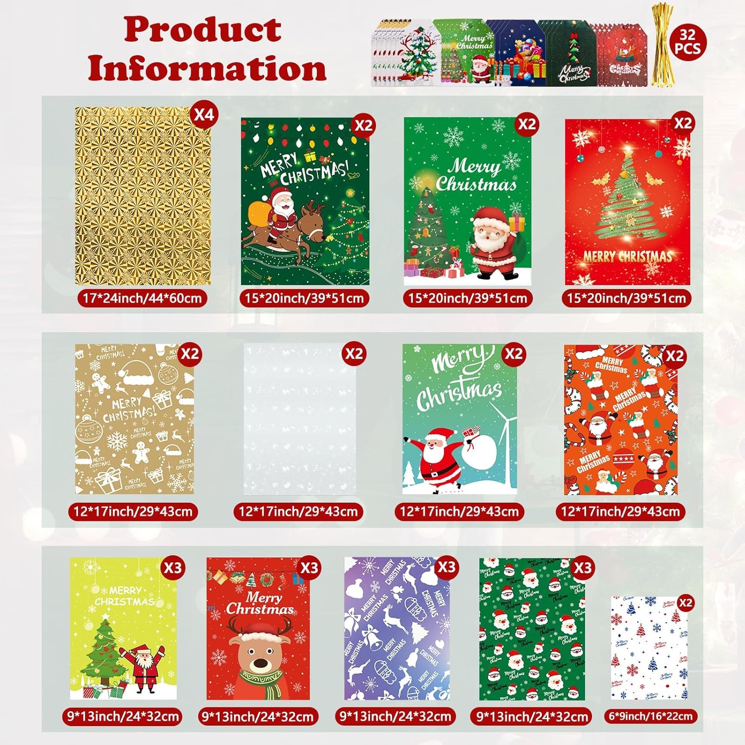 32pcs Gift Christmas Bags, 5 Assorted Sizes Holiday Xmas Gift Bags with Tags, Christmas Drawstring Bags for Gifts Wrapping Party Presents Decorations - Large Medium Small