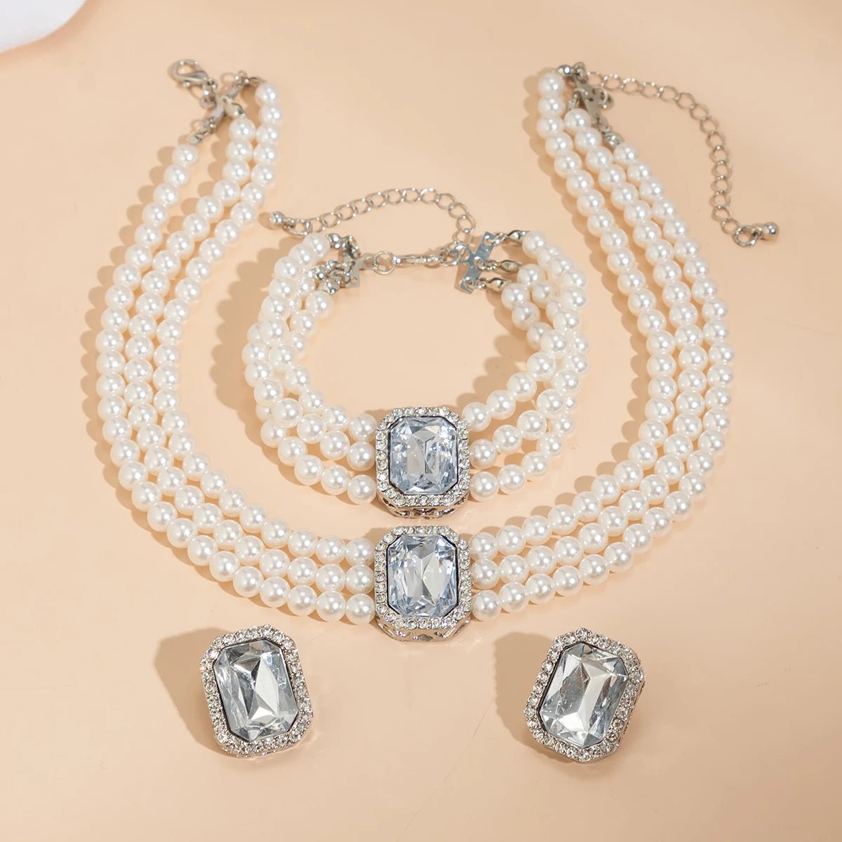 Elegant Pearl Diamond Necklace. Bracelet. and Earring Set