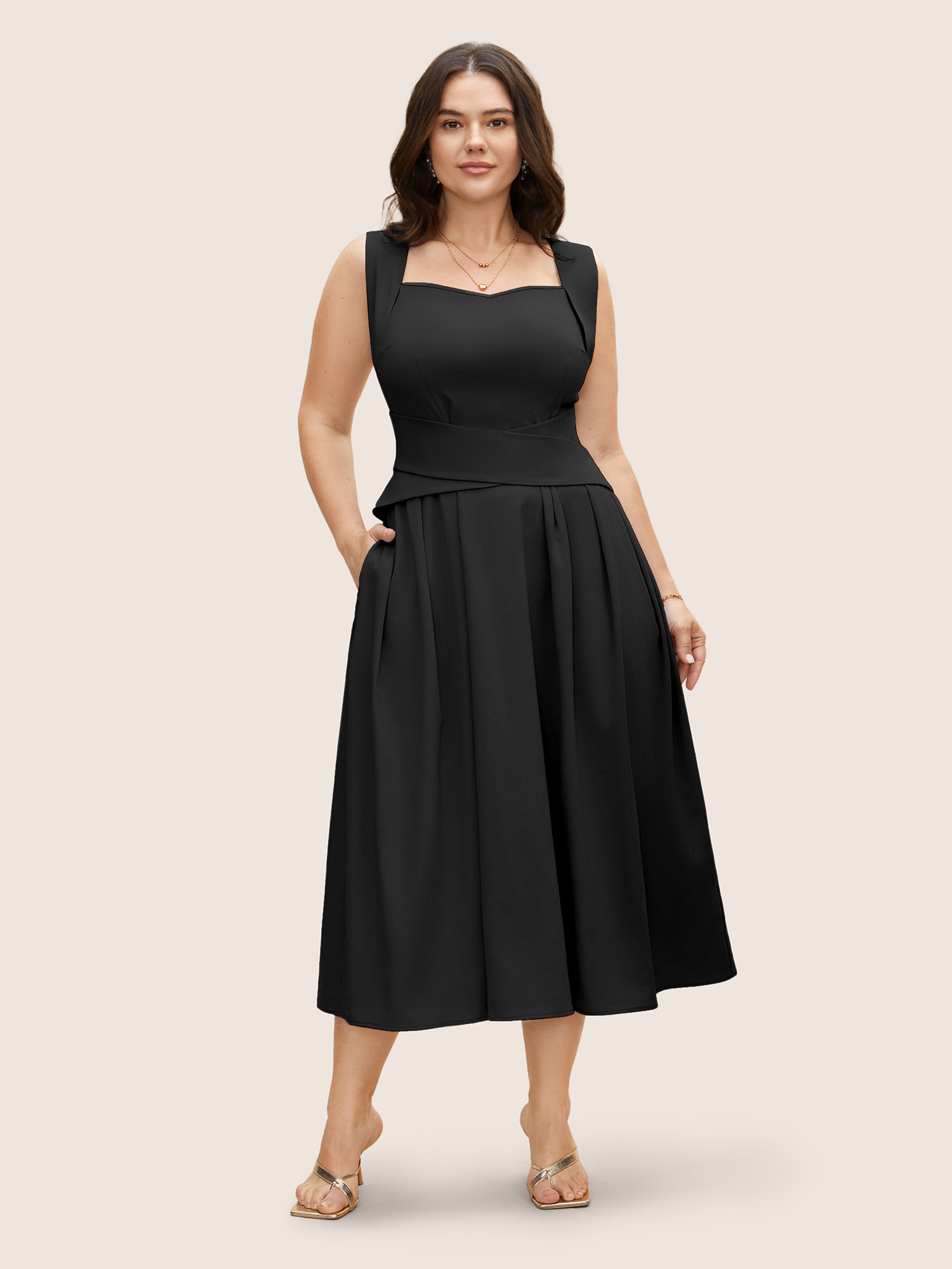 Heart Neckline Crossover Shirred Midi Dress