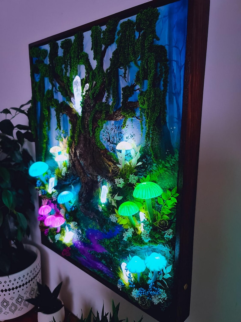 3D LED Mushroom Painting: Wireless Rechargeable Fantasy Art Lamp
