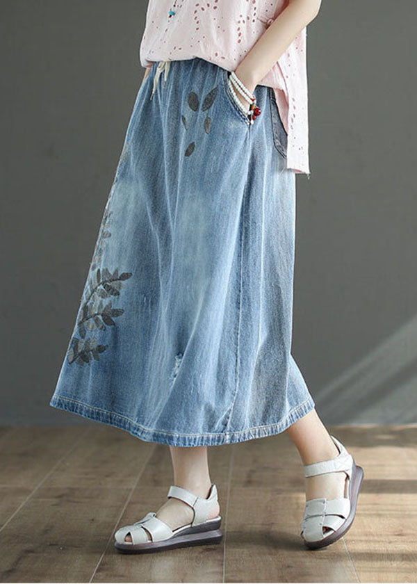 Light Blue High Waist Drawstring Print Cotton Denim Skirts Summer