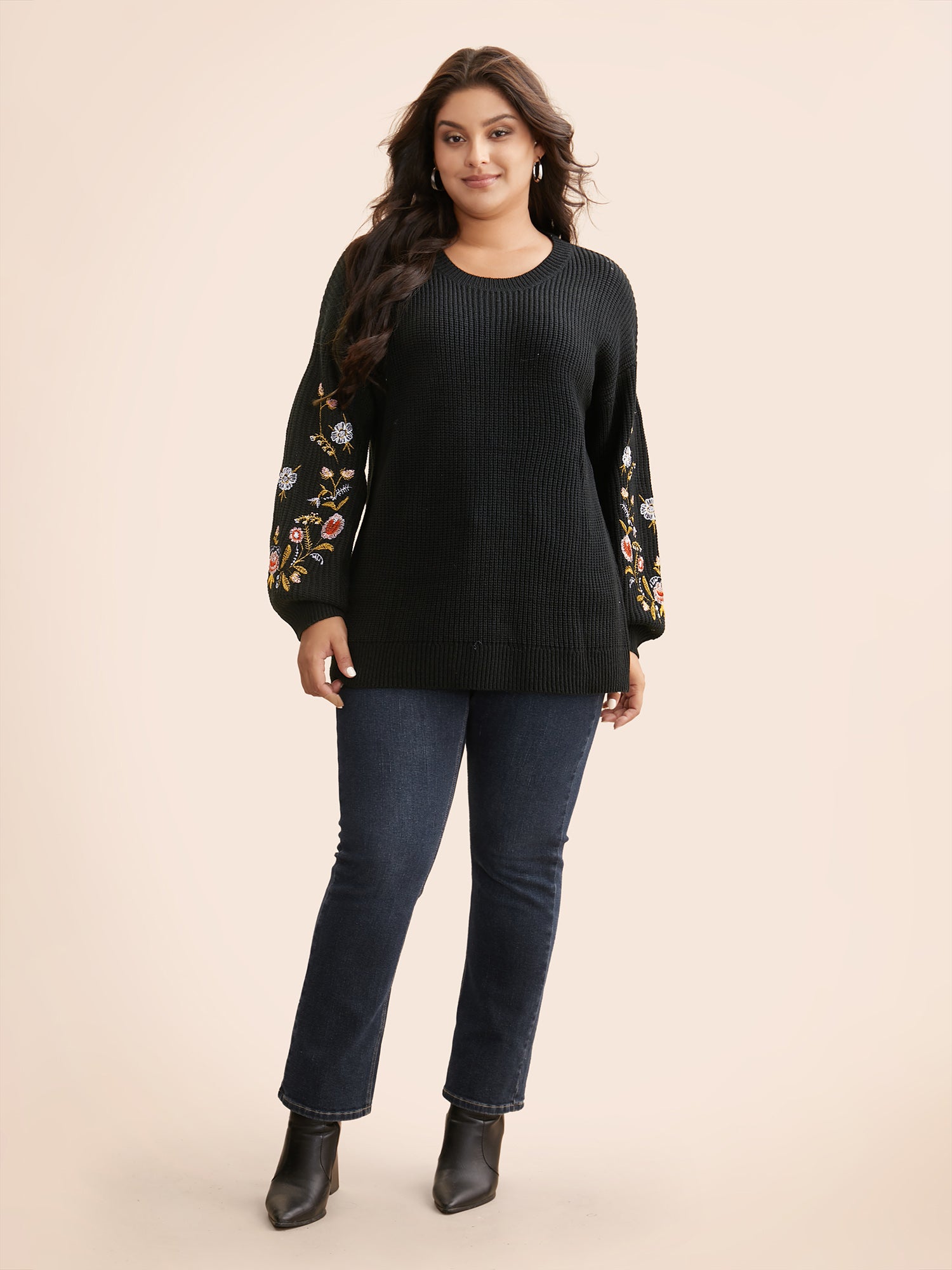 Floral Embroidered Drop Shoulder Sleeve Pullover