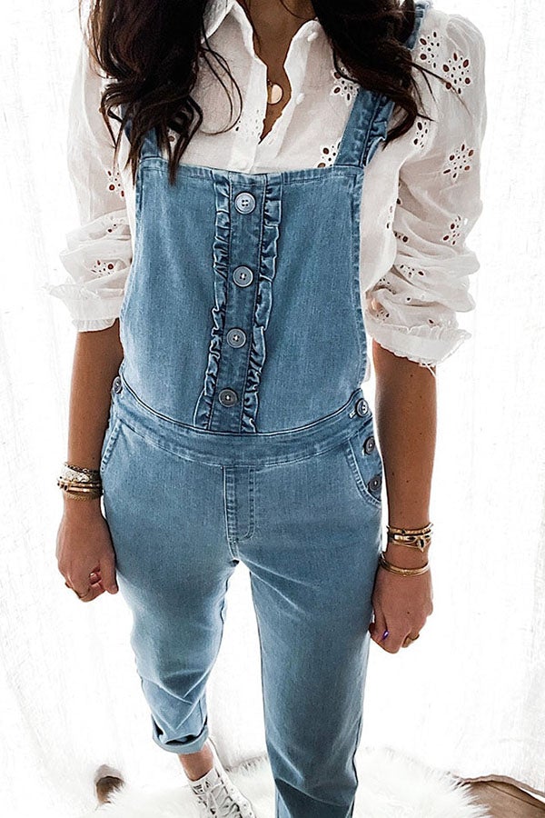 Sassy Sweetheart Ruffle Button Down Denim Overalls