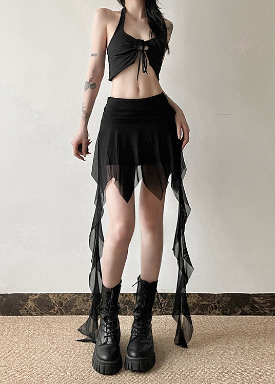 Tulle Patchwork Ribbon High Waisted Asymmetrical Skirts