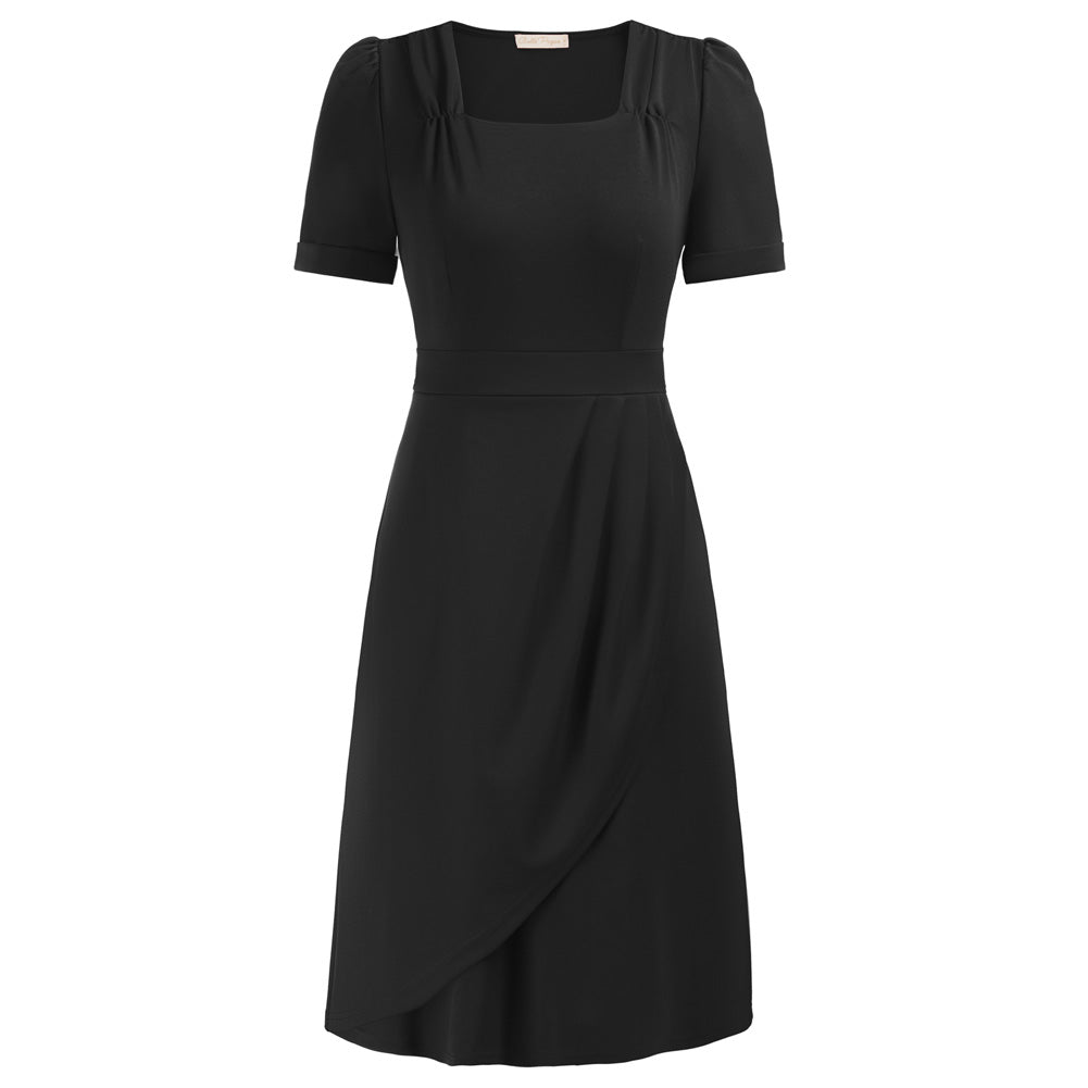 Vintage Square Neck Dress Short Sleeve Defined Waist A-Line Dress