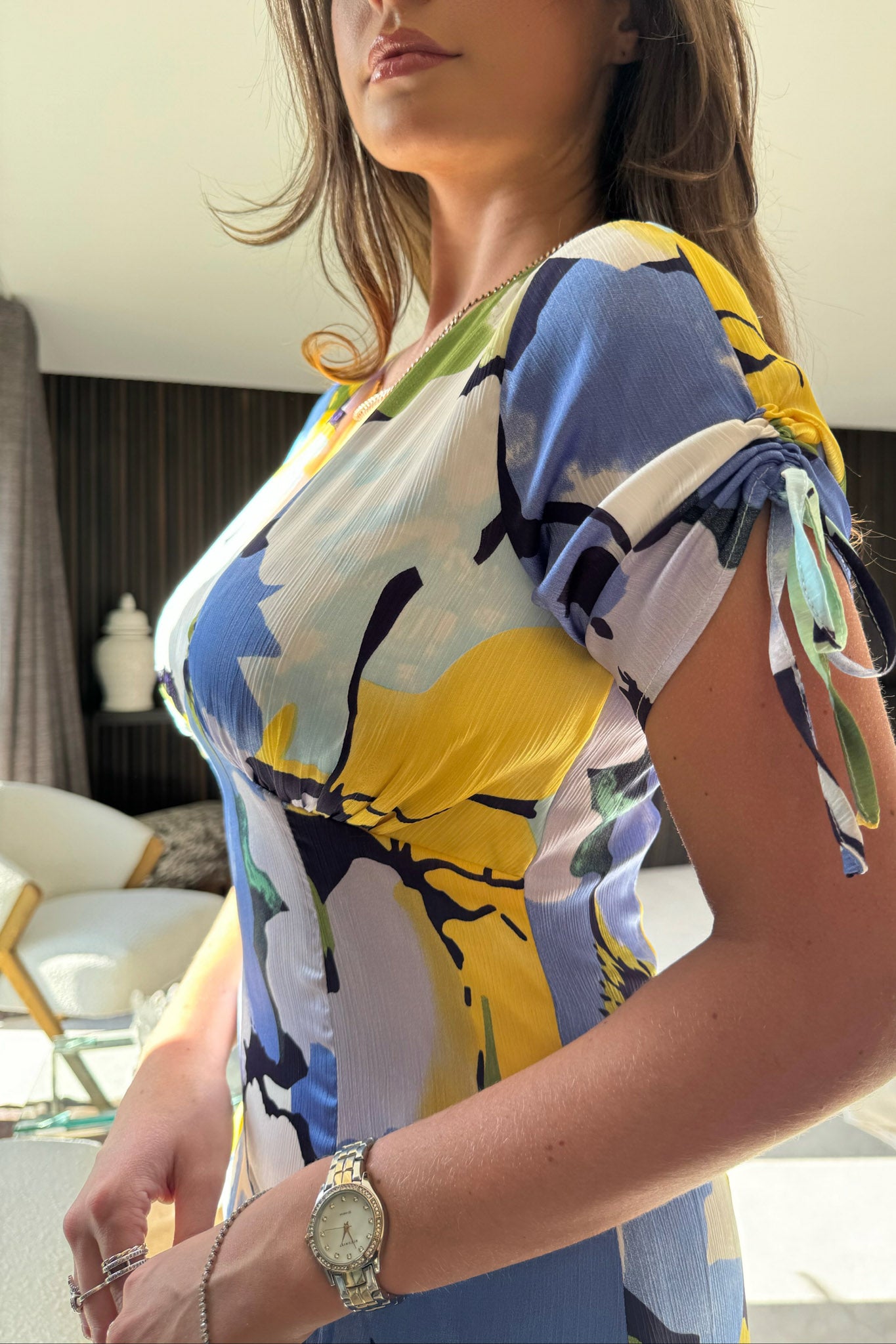 Emily Tie Sleeve Midi Dress Mixed Print