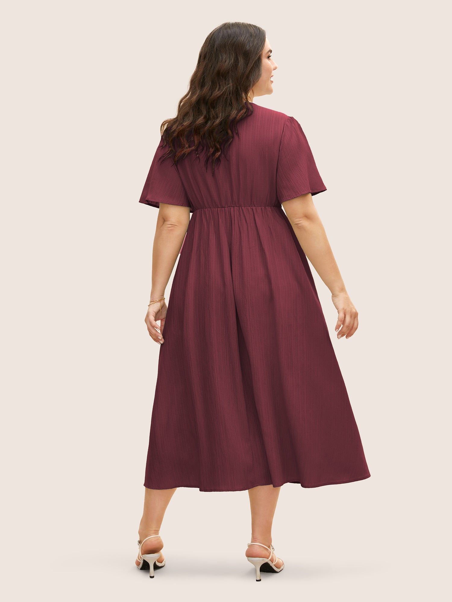 V Neck Button Detail Flutter Sleeve Dress