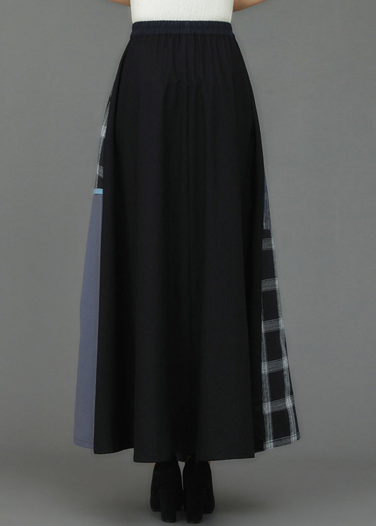 Retro Embroidered Floral Pockets Plaid Patchwork Elastic Waist Skirts Fall