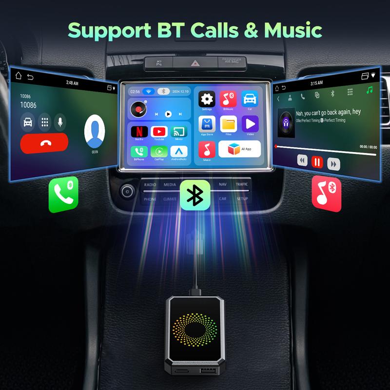 Wired to Wireless Carplay Adapter with Built-in Netflix/YouTube/TikTok APP to Play Video on a Car Screen (DO Not Support Vehicles with Built-in Wireless CarPlay), For iPhone 8-15 & Android 11+