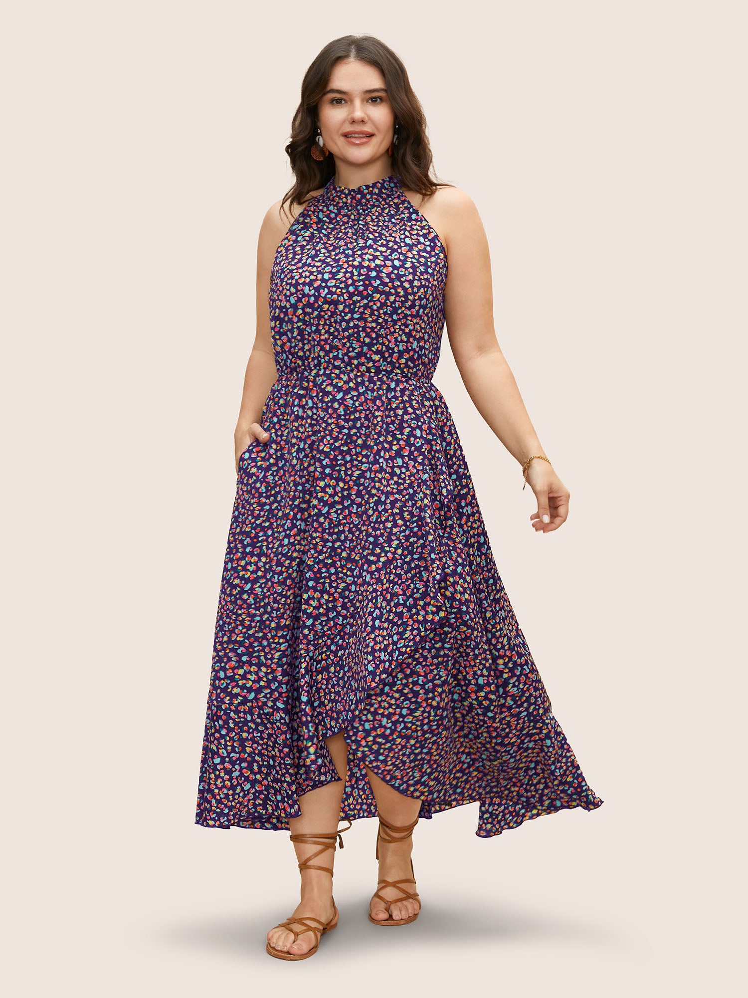 Allover Print Halter Neck Wrap Hem Dress