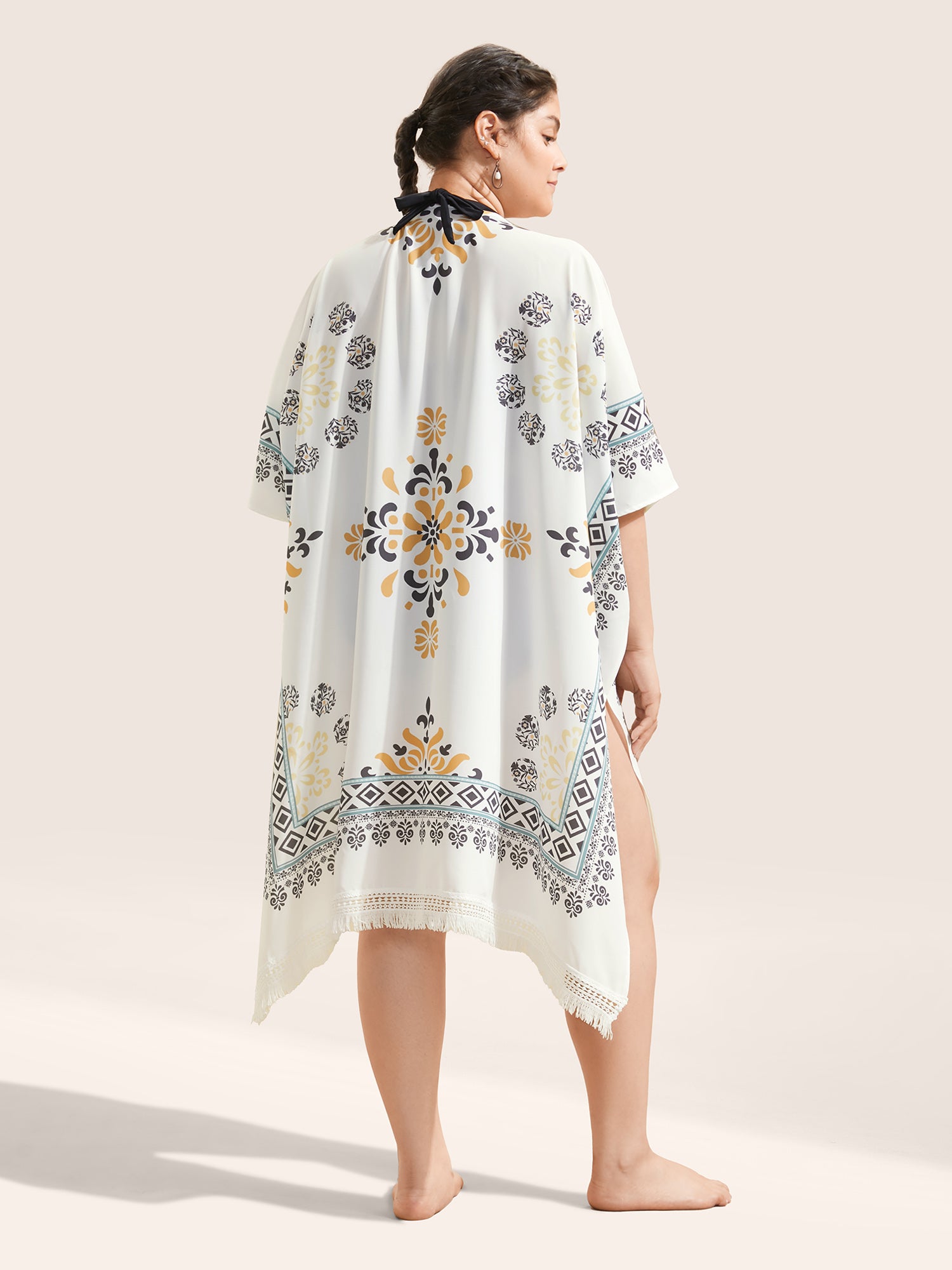 Boho Print Lace Panel Raglan Sleeve Fringe Hem Kimono