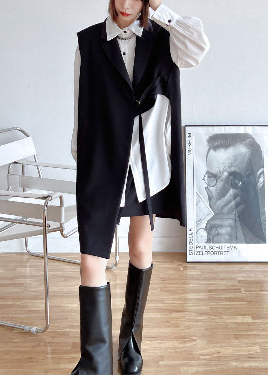 DIY Black PeterPan Collar Pockets asymmetrical design Fall Sleeveless Waistcoat