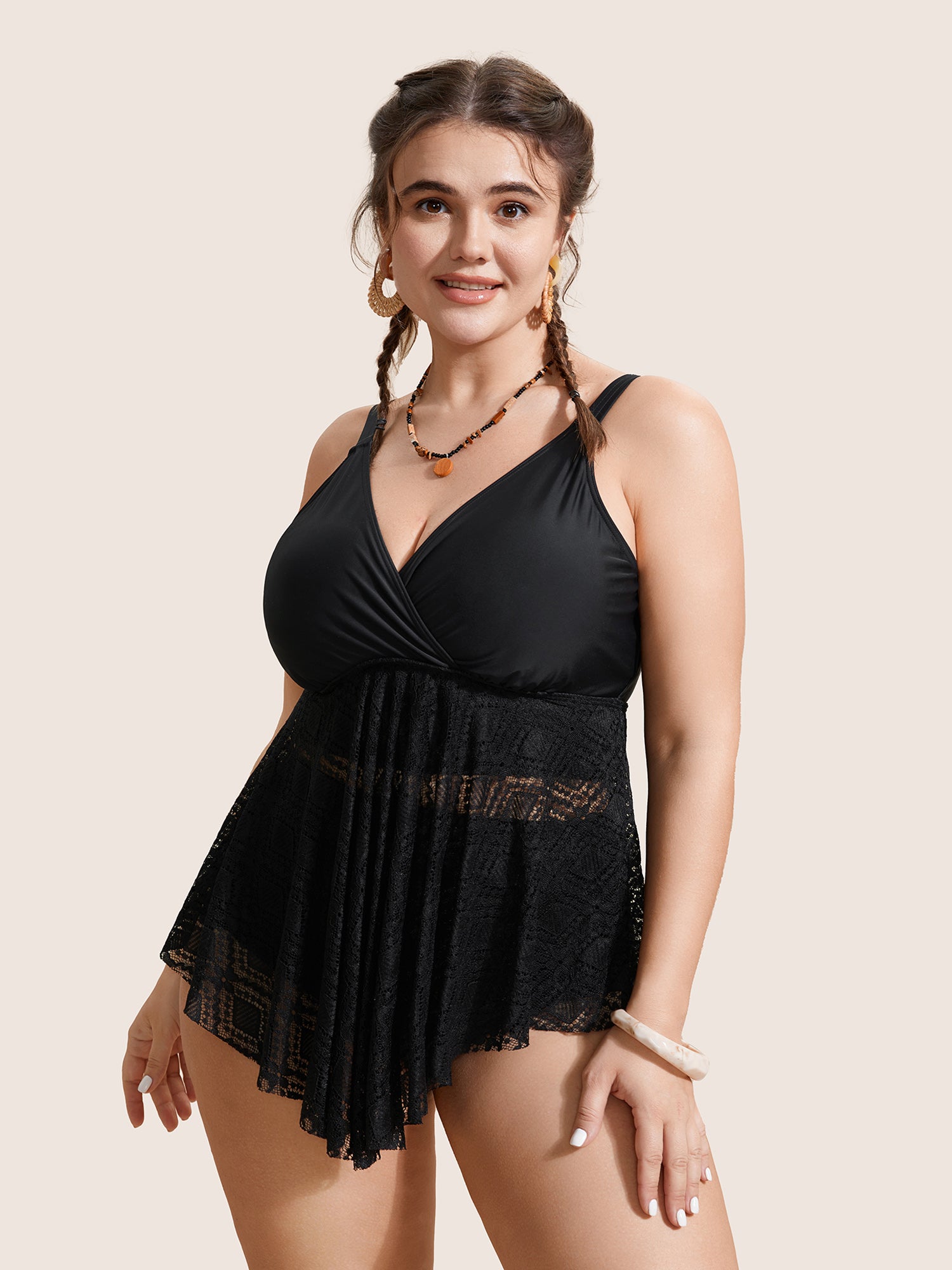V Neck Crochet Lace Mesh Swim Top