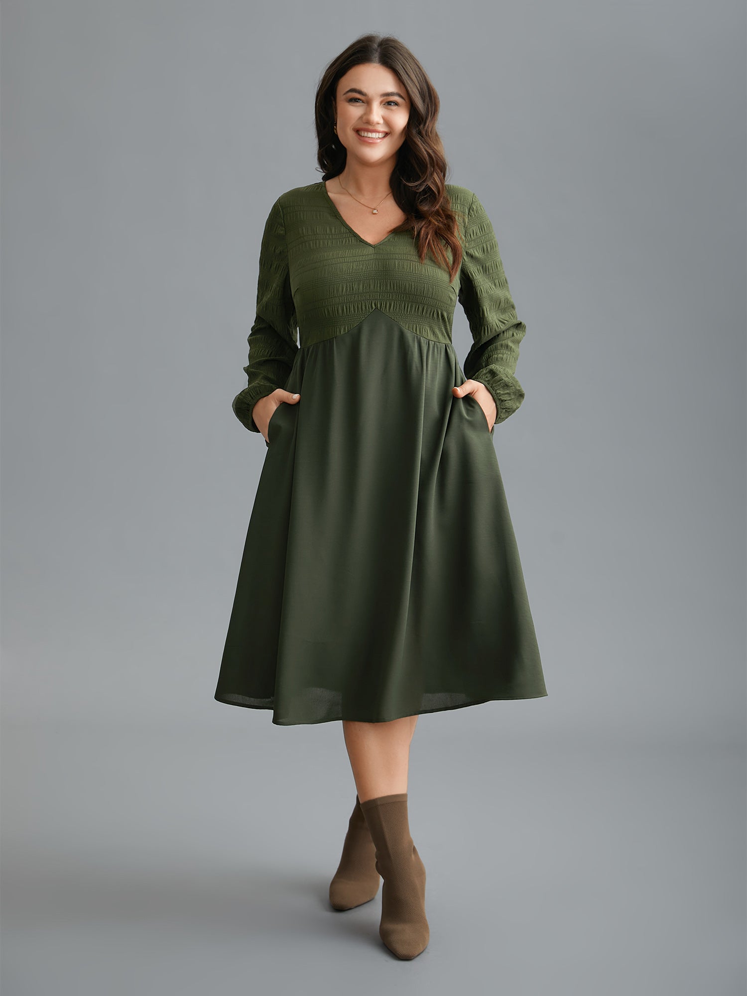 V-Neck Splicing Textured Knit Dress