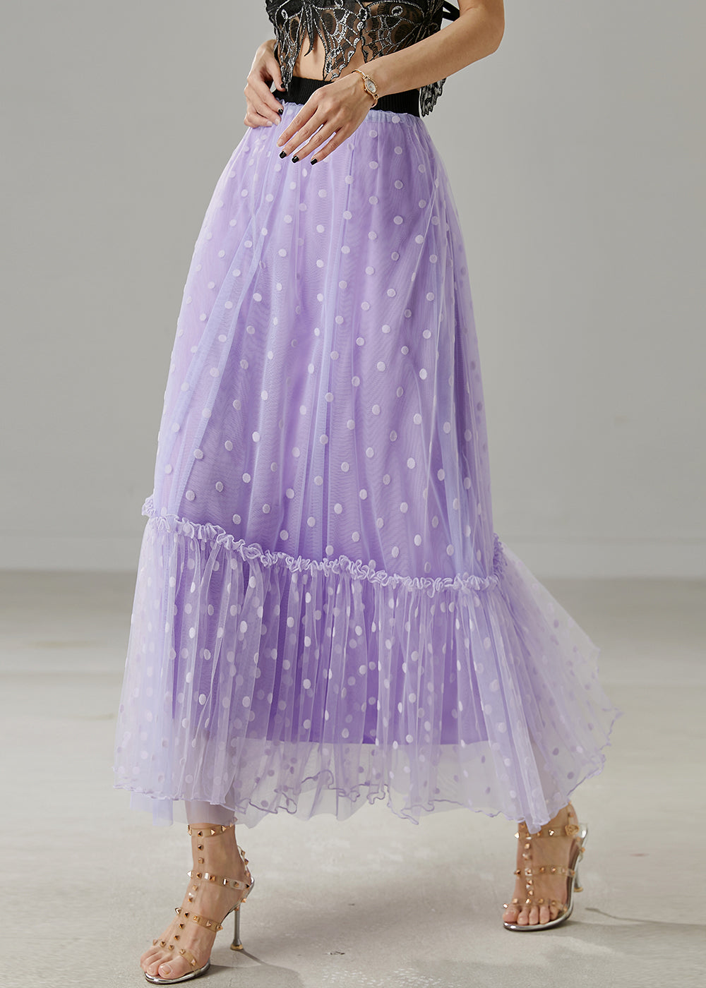 Modern Purple Ruffled Dot Print Tulle Skirt Summer