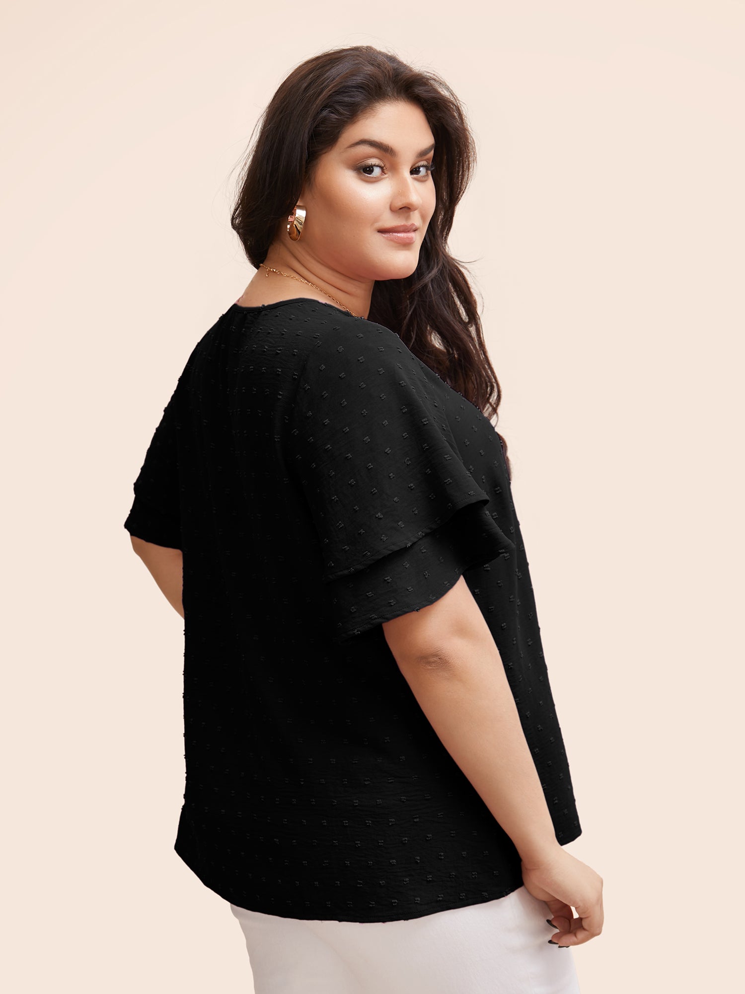 Plain Ruffle Tiered Sleeve V Neck Polka Dot Blouse