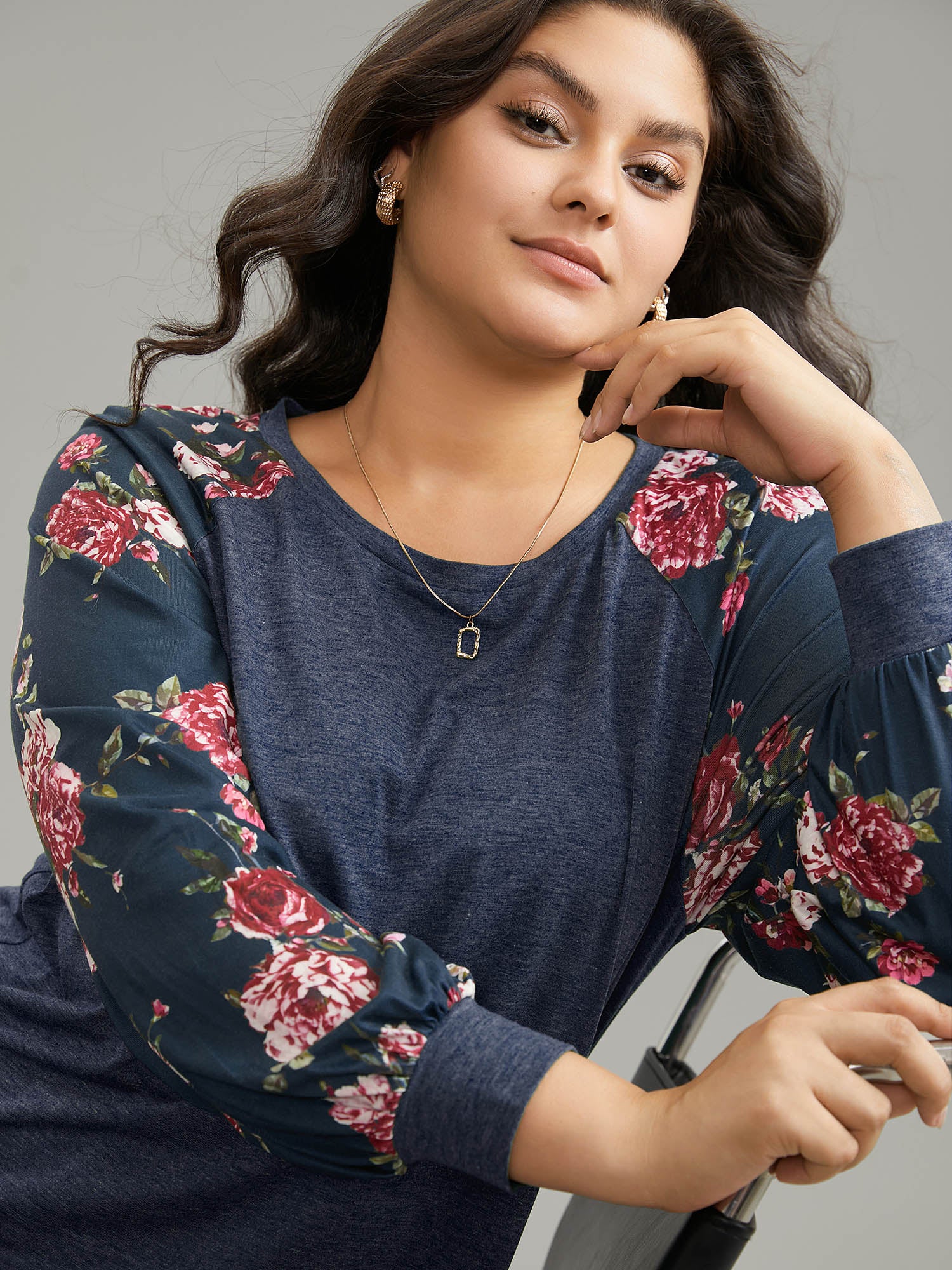 Floral Patchwork Crew Neck Raglan Sleeve T-shirt