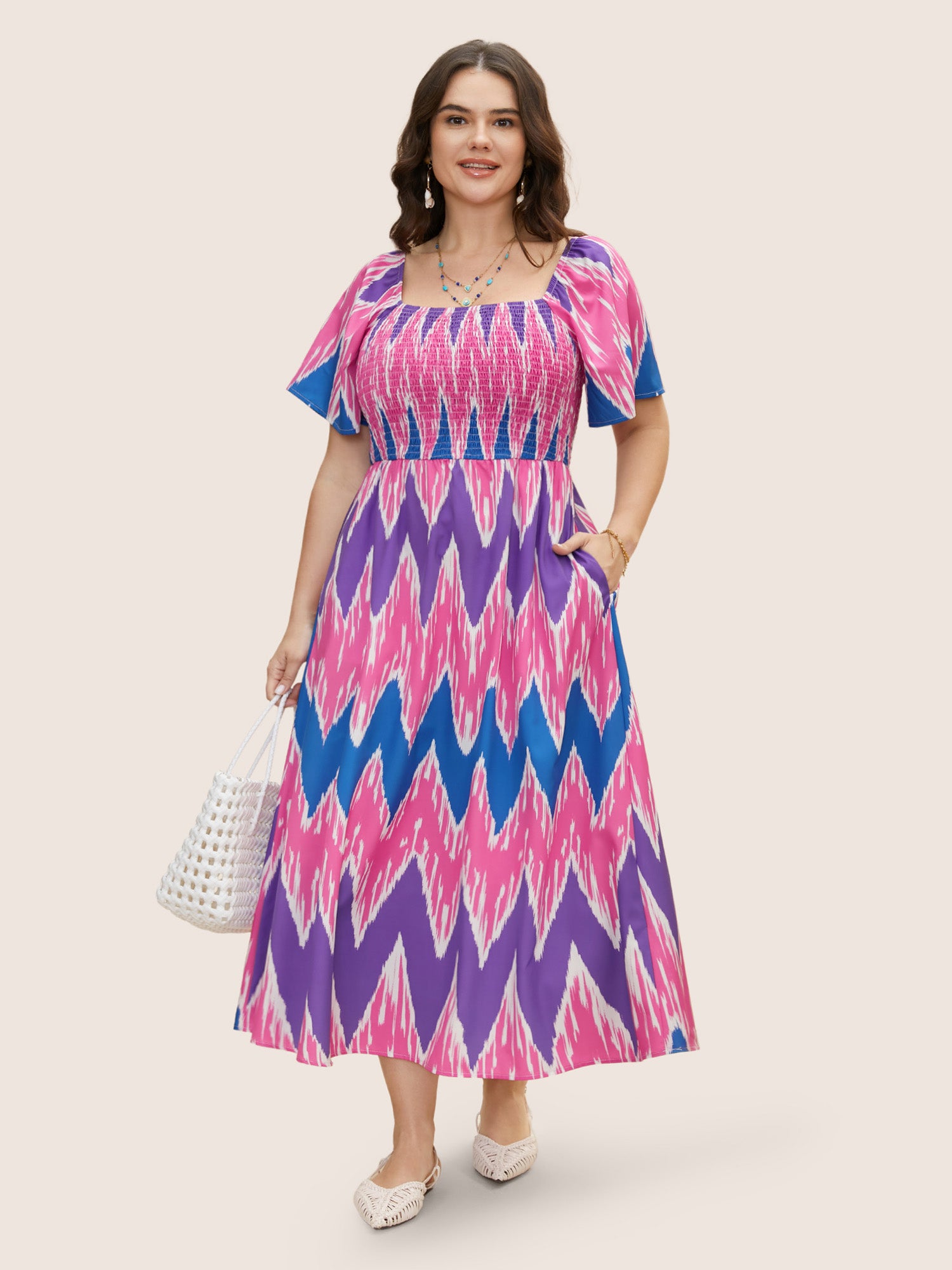Geometric Contrast Shirred Flutter Sleeve Dress