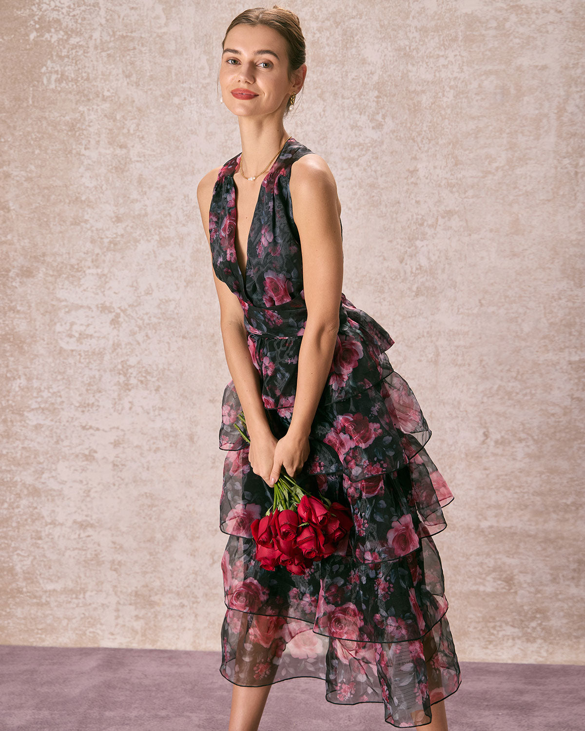 The V Neck Floral Layered Midi Dress