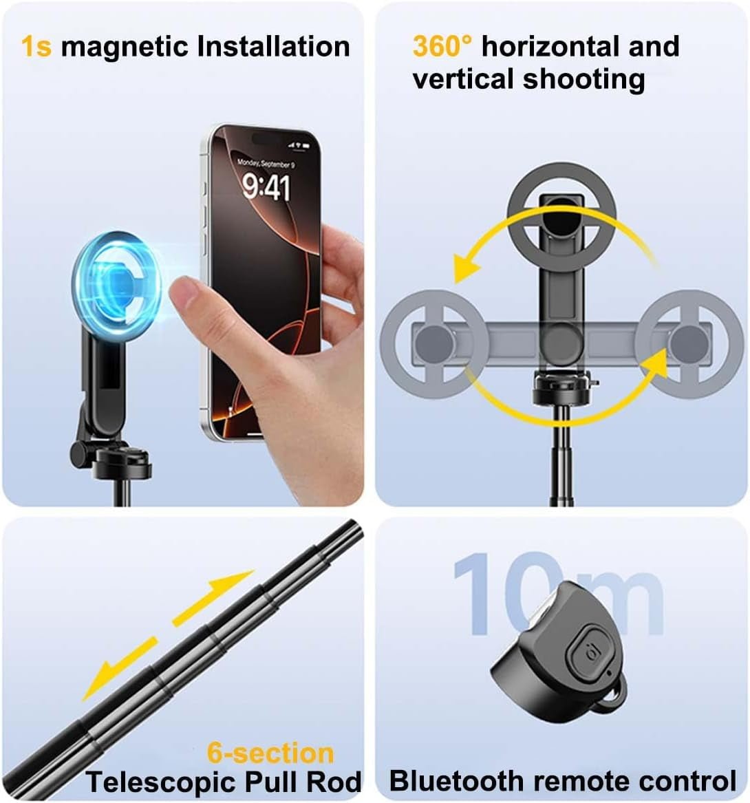 4-in-1 Multifunctional 360° Rotation Magnetic Selfie Stick with Wireless Detachable Remote Control, Mini Portable Detachable Scalable Magnetic Selfie Stick for iPhone & Android