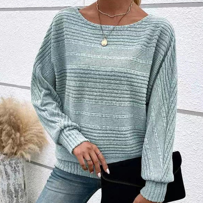 💜Solid Round-Neck Striped Top with Long Sleeves