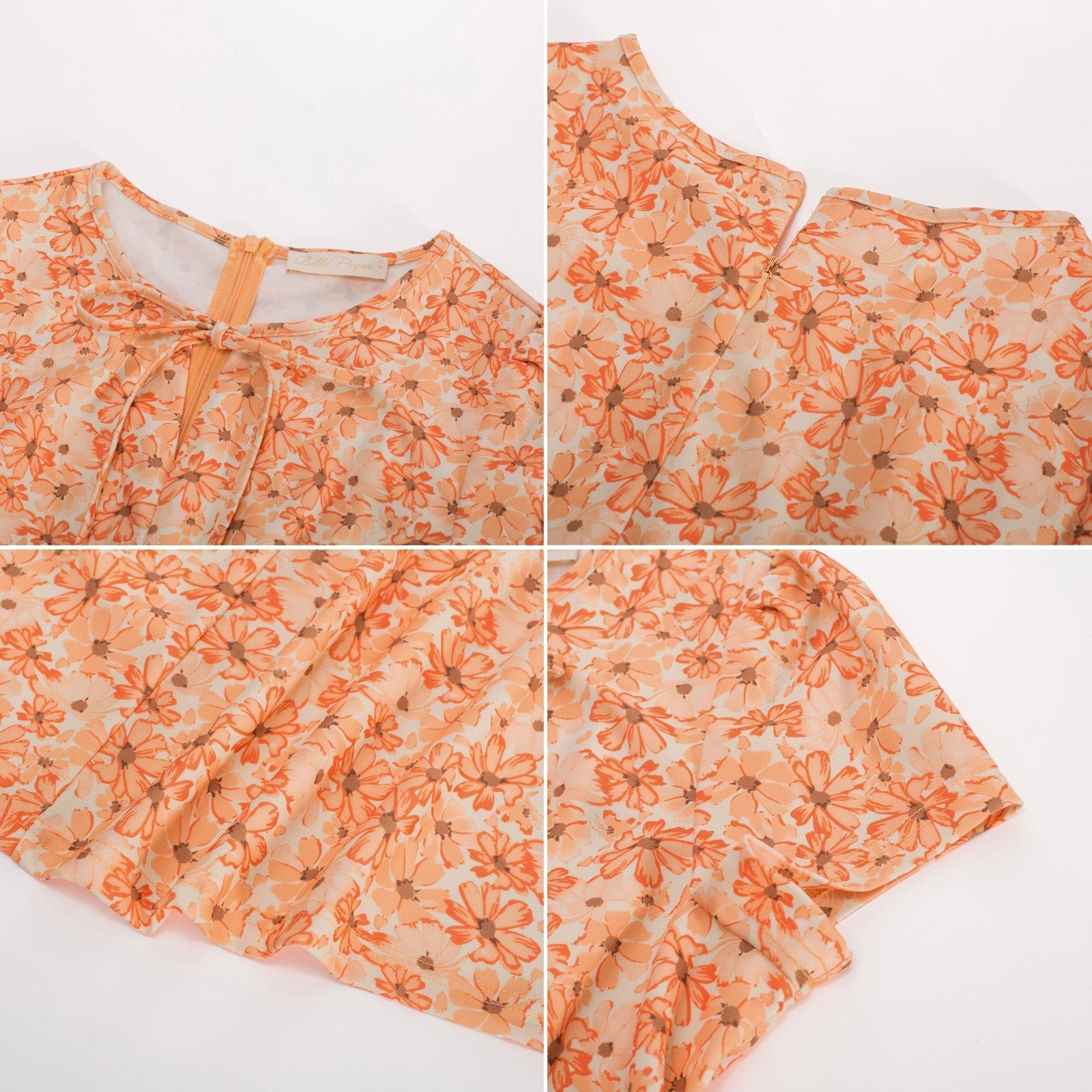 Vintage Floral Pattern A-Line Swing Dress Keyhole Tie Dress Round Neck Work Dress Tea Dress