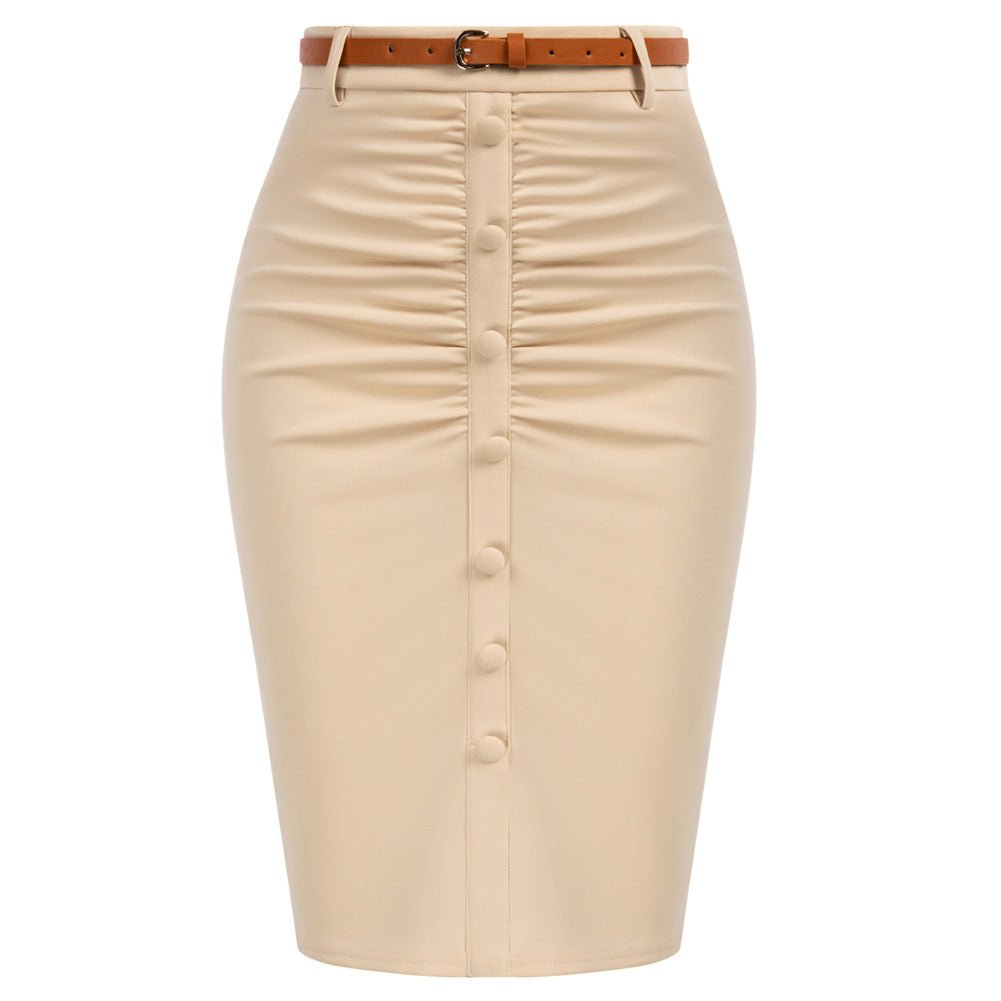 Vintage High Waist Front Slit Knee Length Ruched Pencil Skirt with Belt