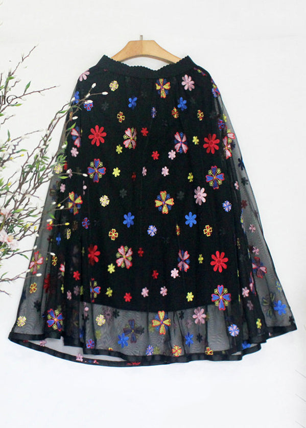 Black Embroidered Elastic Waist Tulle Skirt Summer