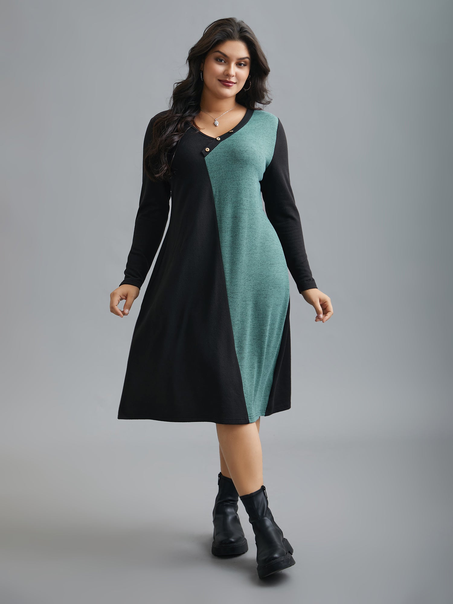 V Neck Contrast Patchwork Button Detail Dress