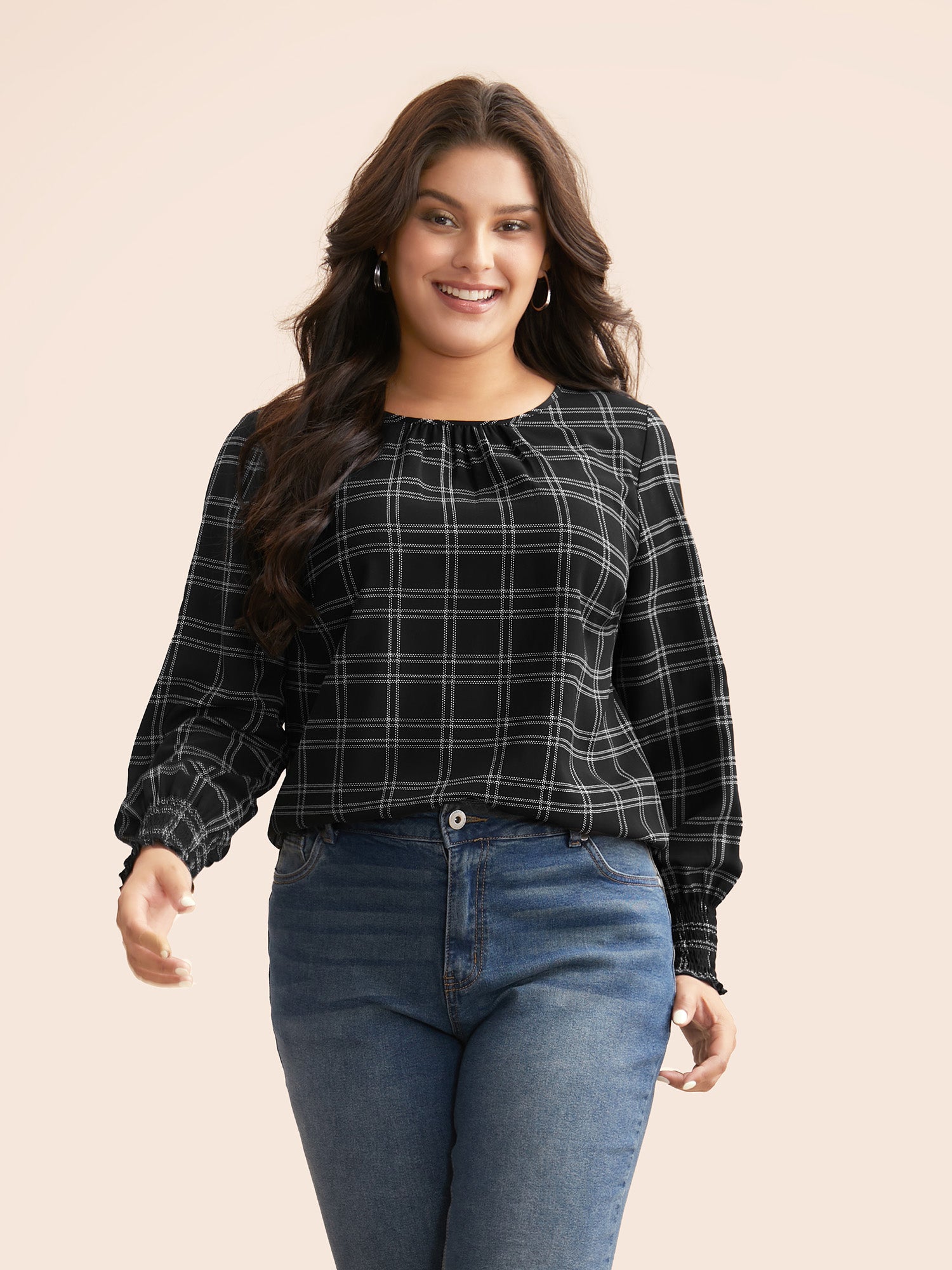 Plaid Gathered Lantern Sleeve Blouse