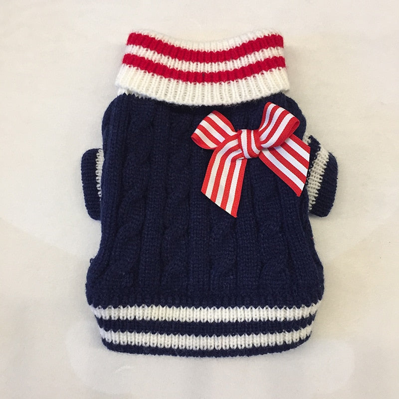 Striped Bowknot Knited Cat Dog Sweater